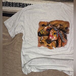 Vintage 90s Native American Indian War Horse head graphic t shirt grey 2XL